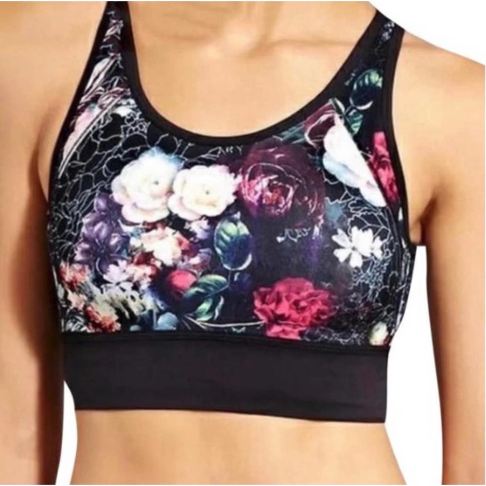 Athleta Sports Bra Womens Large Black Floral Long Line High Neck Cut Out Back